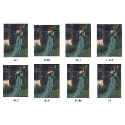 Set of images showing a woman in a green dress by a lake with different size options displayed below.