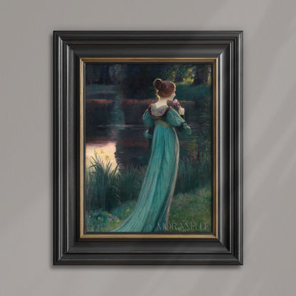 Woman in a long, light teal dress standing by a pond with a flower in her hand.