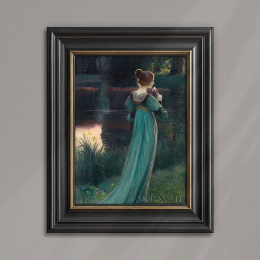 Woman in a long, light teal dress standing by a pond with a flower in her hand.