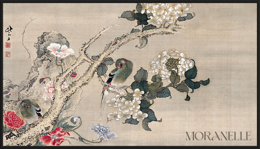 Sō Shiseki, Parakeets among Hydrangeas and Poppies – full painting reproduction, digital download for Samsung Frame TV.