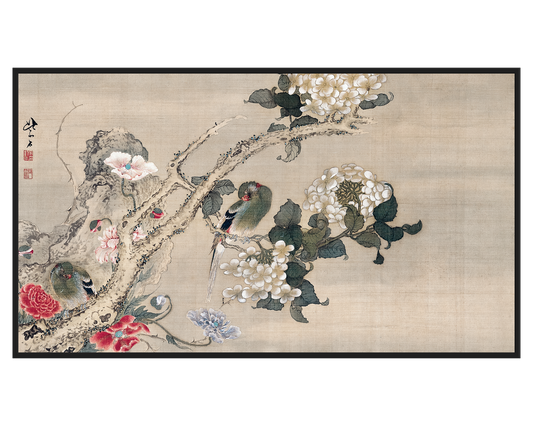 Sō Shiseki, Parakeets among Hydrangeas and Poppies – full painting reproduction, digital download for Samsung Frame TV.
