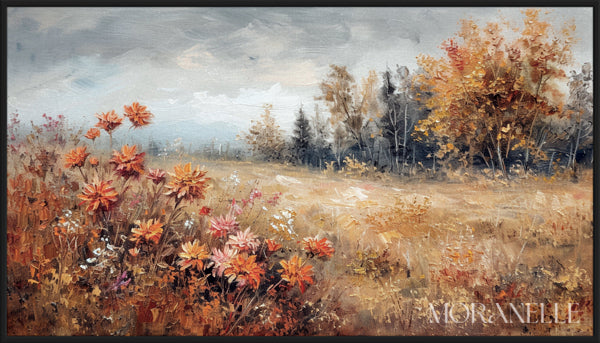 Meadow with orange, pink, and white flowers. Trees in gold and rust tones under a grey, clouded sky.