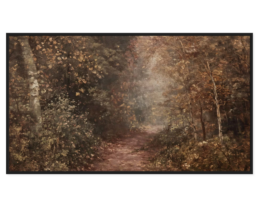Autumn Forest Path painting featuring a serene path through a misty forest.