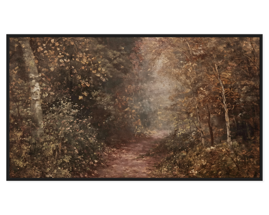Autumn Forest Path painting featuring a serene path through a misty forest.