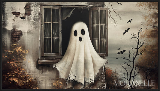 Haunted Ghost Painting with a ghost at a window and bats in the background.
