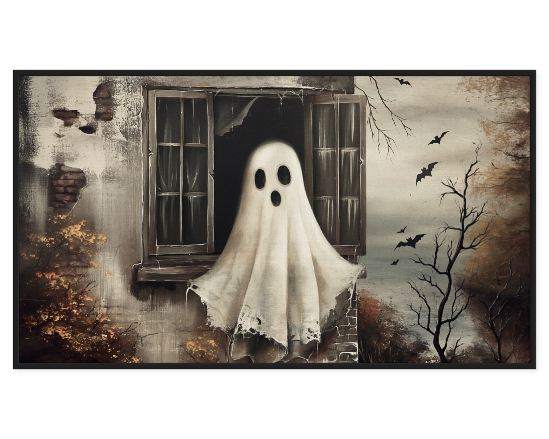 Haunted Ghost Painting with a ghost at a window and bats in the background.