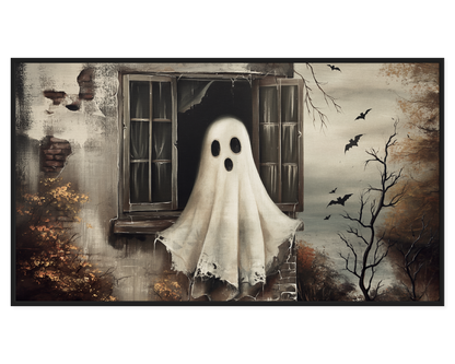 Haunted Ghost Painting with a ghost at a window and bats in the background.