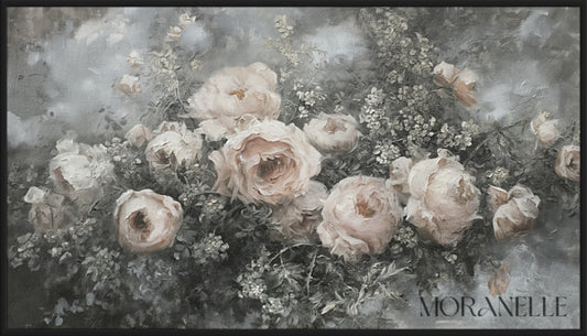 Vintage-style floral painting with soft pink roses.