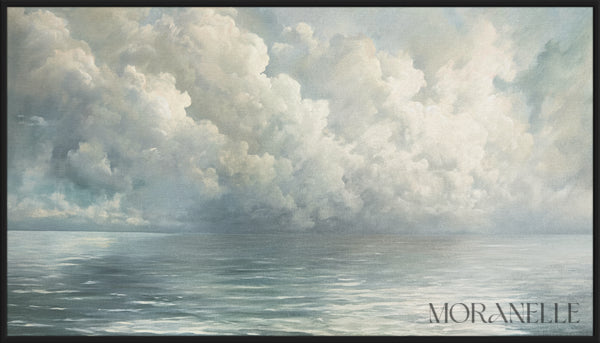 Realistic seascape showing calm water beneath a wide sky of grey and white clouds. Painted in a traditional, realistic style.
