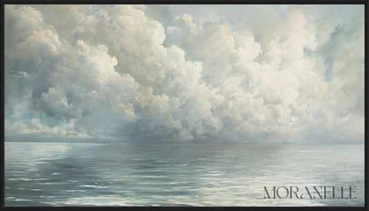 Realistic seascape showing calm water beneath a wide sky of grey and white clouds. Painted in a traditional, realistic style.