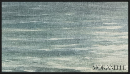 Realistic seascape showing calm water beneath a wide sky of grey and white clouds - Close-up detail of the artwork with visible surface texture, small features, and clean contours.