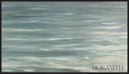 Realistic seascape showing calm water beneath a wide sky of grey and white clouds - Close-up detail of the artwork with visible surface texture, small features, and clean contours.