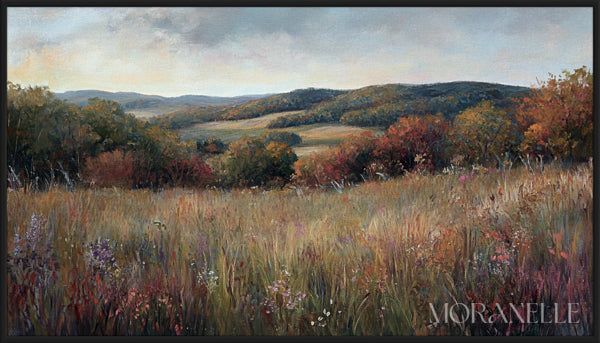 Sunlit autumn meadow with wildflowers and warm earthy tones.