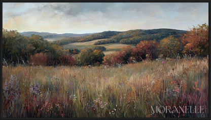 Sunlit autumn meadow with wildflowers and warm earthy tones.
