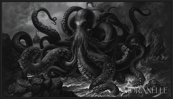 Black and white scene of a giant tentacled creature rising from the sea with waves crashing around it.