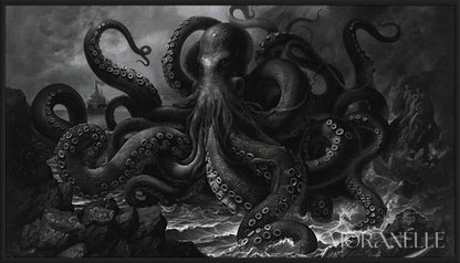Black and white scene of a giant tentacled creature rising from the sea with waves crashing around it.