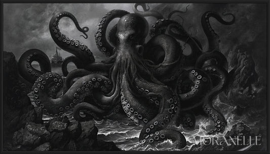 Black and white scene of a giant tentacled creature rising from the sea with waves crashing around it.