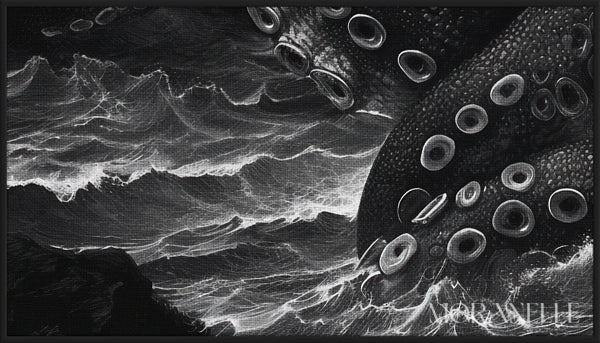 Black and white scene of a giant tentacled creature - Close-up detail of the artwork with visible surface texture, small features, and clean contours.