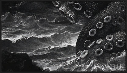 Black and white scene of a giant tentacled creature - Close-up detail of the artwork with visible surface texture, small features, and clean contours.