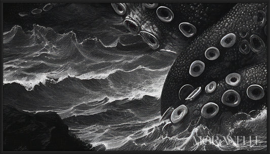 Black and white scene of a giant tentacled creature - Close-up detail of the artwork with visible surface texture, small features, and clean contours.