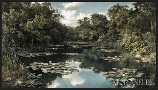 Painting of a pond with lilies and trees in the background