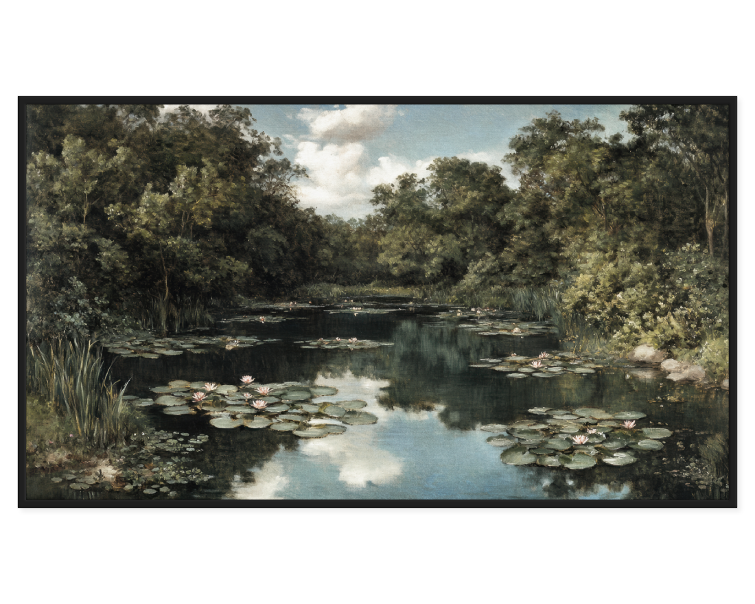 Painting of a pond with lilies and trees in the background