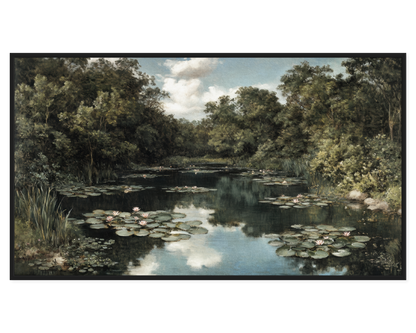 Painting of a pond with lilies and trees in the background
