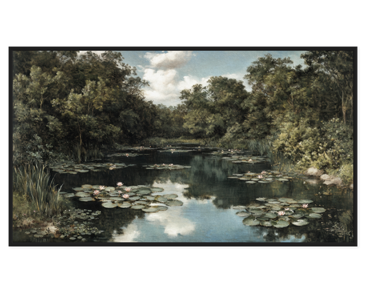 Painting of a pond with lilies and trees in the background