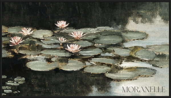 Painting of a pond with lilies and trees in the background - Close-up detail of the artwork with visible surface texture, small features, and clean contours.