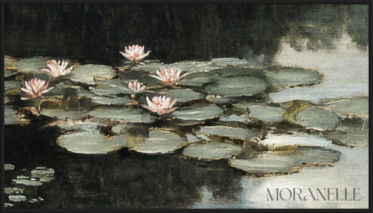 Painting of a pond with lilies and trees in the background - Close-up detail of the artwork with visible surface texture, small features, and clean contours.
