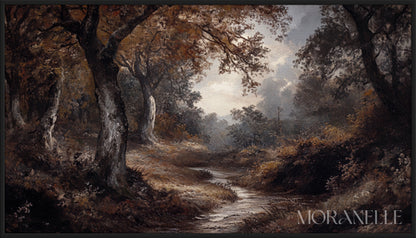 Rustic autumn forest scene, painted in warm earthy tones on textured linen canvas. Optimized for Frame TV.