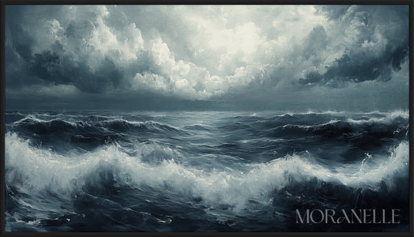 Seascape with strong waves and an open ocean stretching to the horizon.