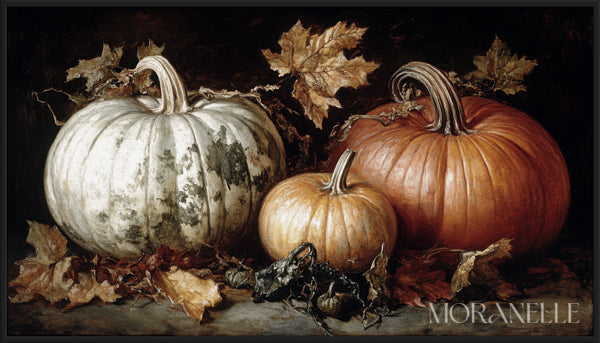 Autumn Pumpkins Painting featuring three pumpkins and autumn leaves.