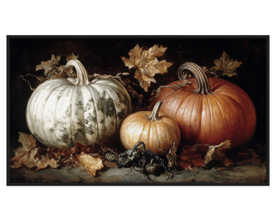 Autumn Pumpkins Painting featuring three pumpkins and autumn leaves.