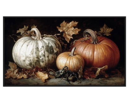 Autumn Pumpkins Painting featuring three pumpkins and autumn leaves.