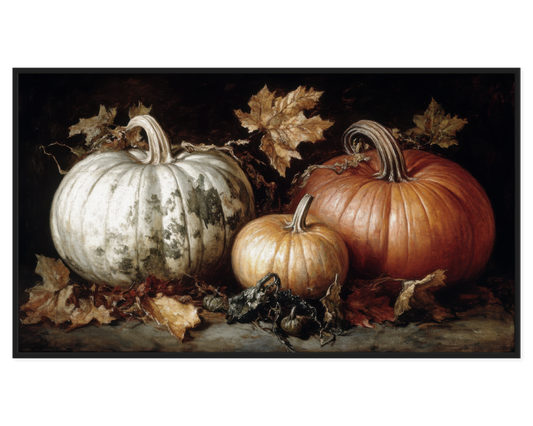 Autumn Pumpkins Painting featuring three pumpkins and autumn leaves.