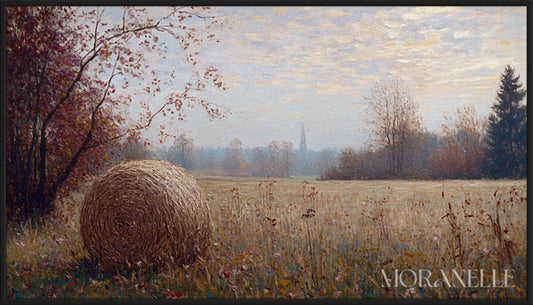 Autumn Landscape Painting featuring a hay bale in a serene field with distant trees.