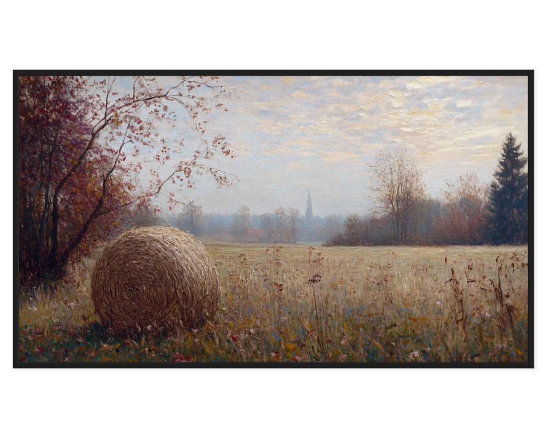 Autumn Landscape Painting featuring a hay bale in a serene field with distant trees.