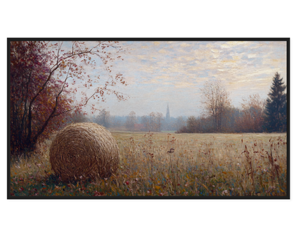 Autumn Landscape Painting featuring a hay bale in a serene field with distant trees.