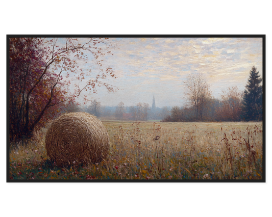 Autumn Landscape Painting featuring a hay bale in a serene field with distant trees.