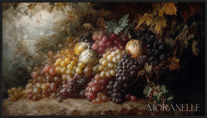 Fruit Still Life painting featuring a colorful arrangement of grapes and apples.