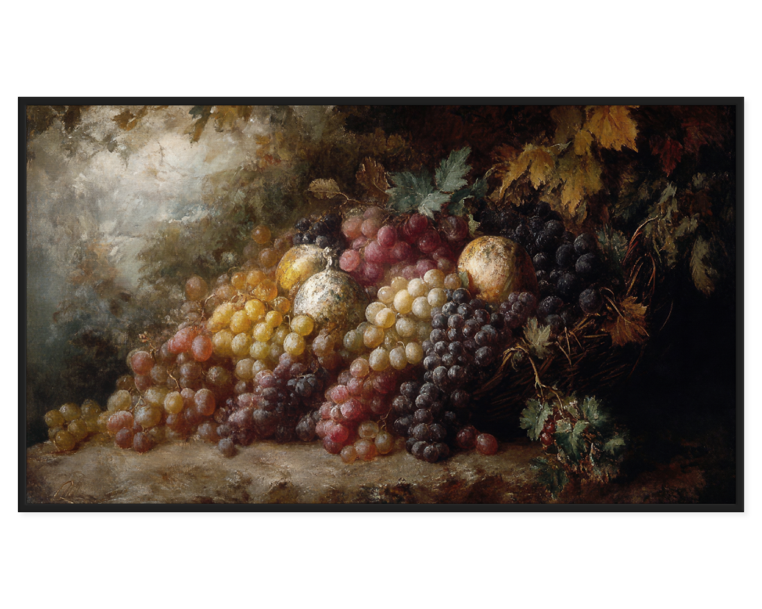 Fruit Still Life painting featuring a colorful arrangement of grapes and apples.