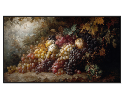 Fruit Still Life painting featuring a colorful arrangement of grapes and apples.