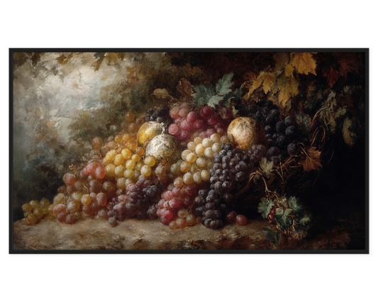 Fruit Still Life painting featuring a colorful arrangement of grapes and apples.