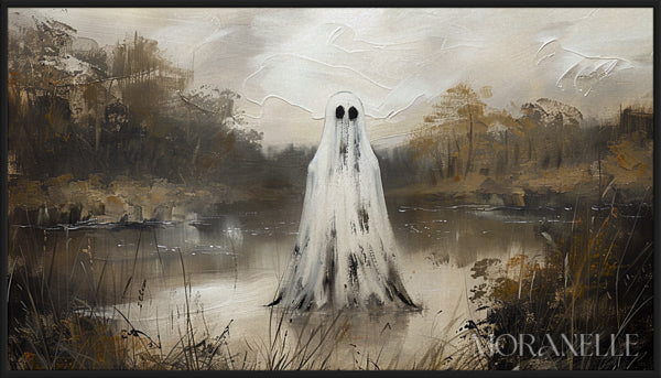 Ghostly Landscape Painting featuring a spectral figure by a calm water body.
