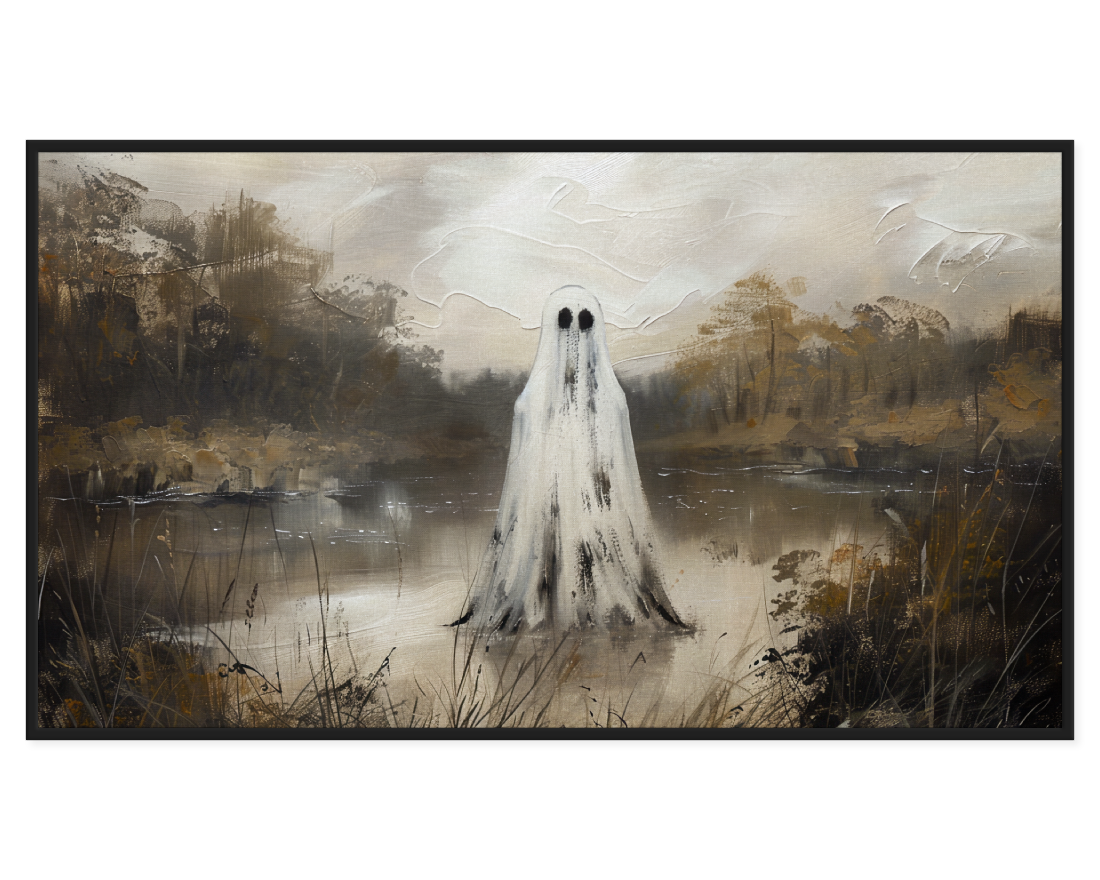 Ghostly Landscape Painting featuring a spectral figure by a calm water body.