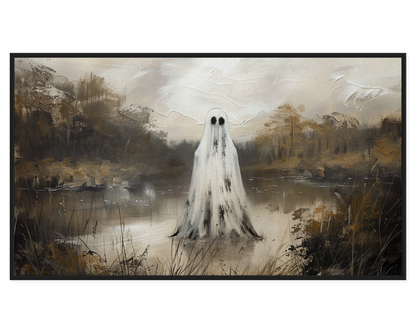 Ghostly Landscape Painting featuring a spectral figure by a calm water body.
