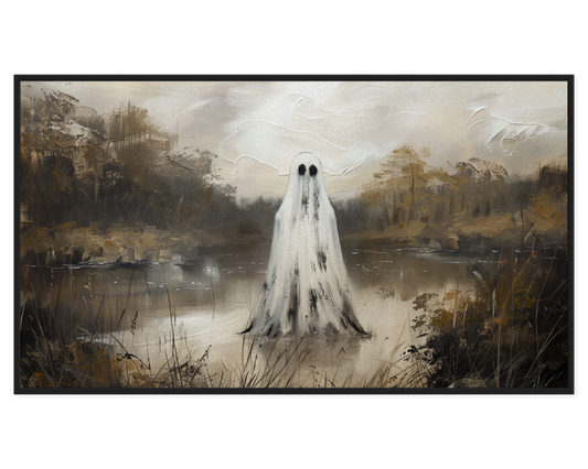 Ghostly Landscape Painting featuring a spectral figure by a calm water body.