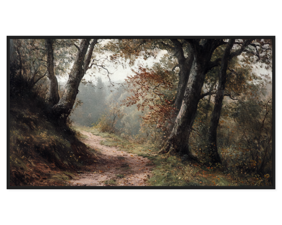 Forest Path Painting showing a serene trail surrounded by lush trees and autumn foliage.