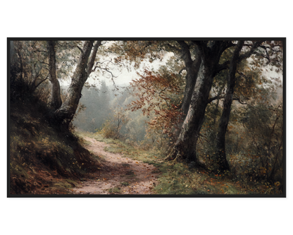 Forest Path Painting showing a serene trail surrounded by lush trees and autumn foliage.